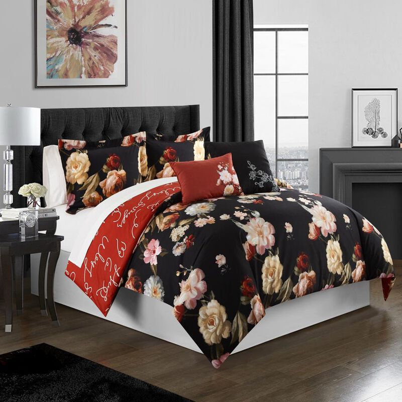 Chic Home Enid 4 Piece Reversible Comforter Set Floral Print Cursive Script Design Bedding - Decorative Pillows Sham Included - Twin 66x90", Black
