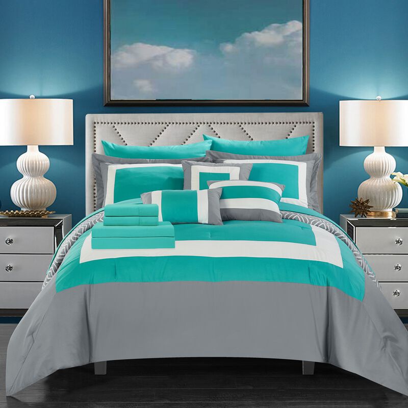 Chic Home Kavalier Color Block Geometric Pattern Design Hotel Collection Sheets 10 Pieces Comforter Decorative Pillows & Shams-Queen 90x90, Turquoise image number 1