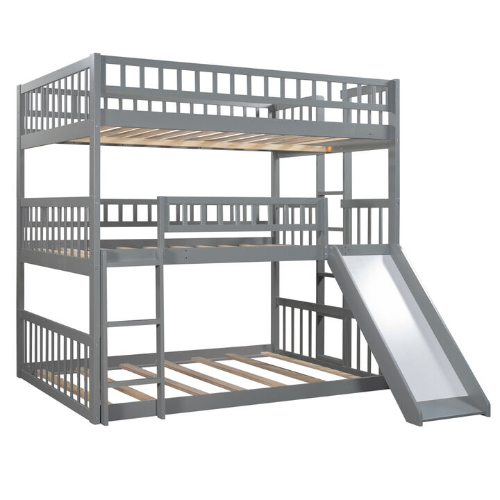 Full-Over-Full-Over-Full Triple Bed with Built-in Ladder and Slide, Triple Bunk Bed with Guardrails, Gray