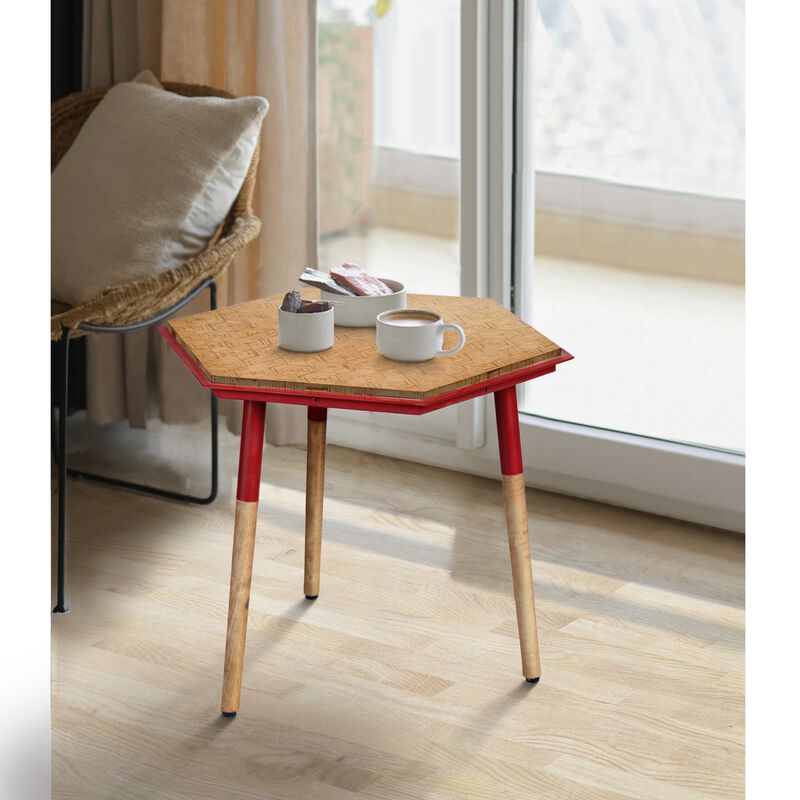 Paige 18 Inch Hexagon Illusion Wood Side Table, Brown, Red-Benzara