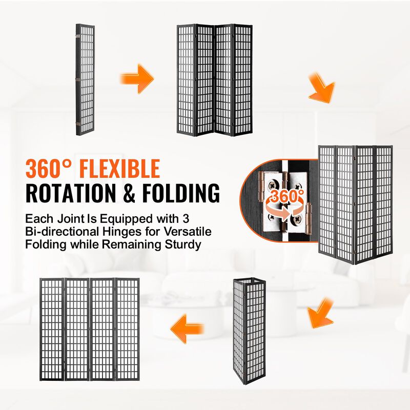 4-Panel Japanese Room Divider, Wood Folding Privacy Screen for Home or Office