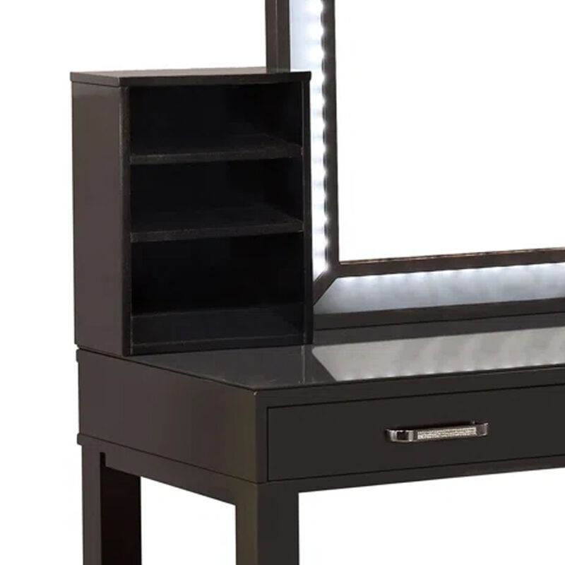 Jexo 3pc Cherry Vanity Table Set with LED Mirror, 3 Drawer, Gray Padded Stool image number 2