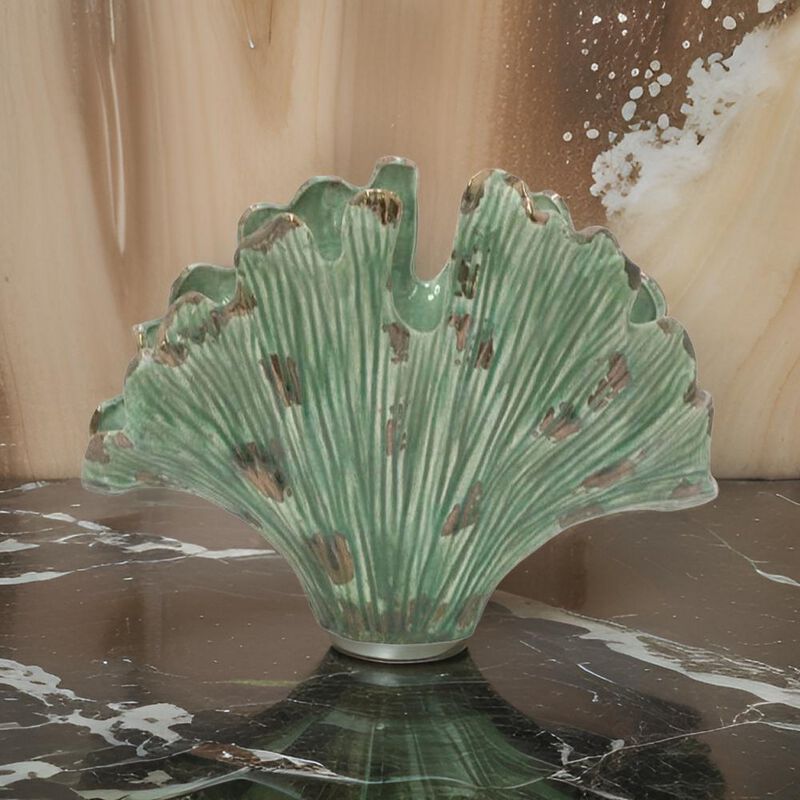 18 Inch Accent Vase, Intricate Kelp Design, Green Ceramic, Brown Accents - Benzara