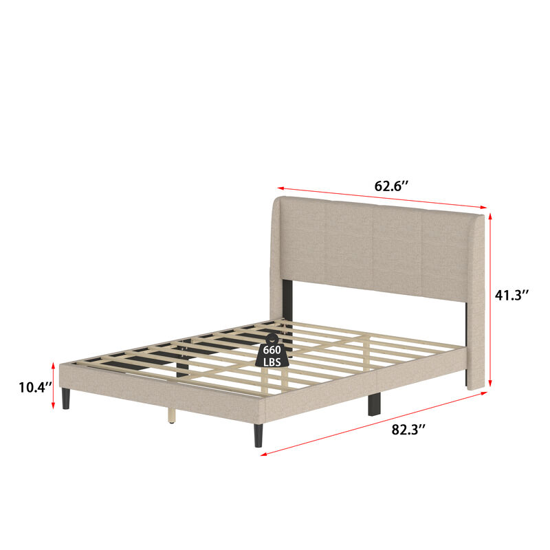 FUFU&GAGA Upholstered Queen Size Bed with Soft Polyester Fabric, (82.3"W x 62.6"D x 41.3"H ), Ivory White Finish