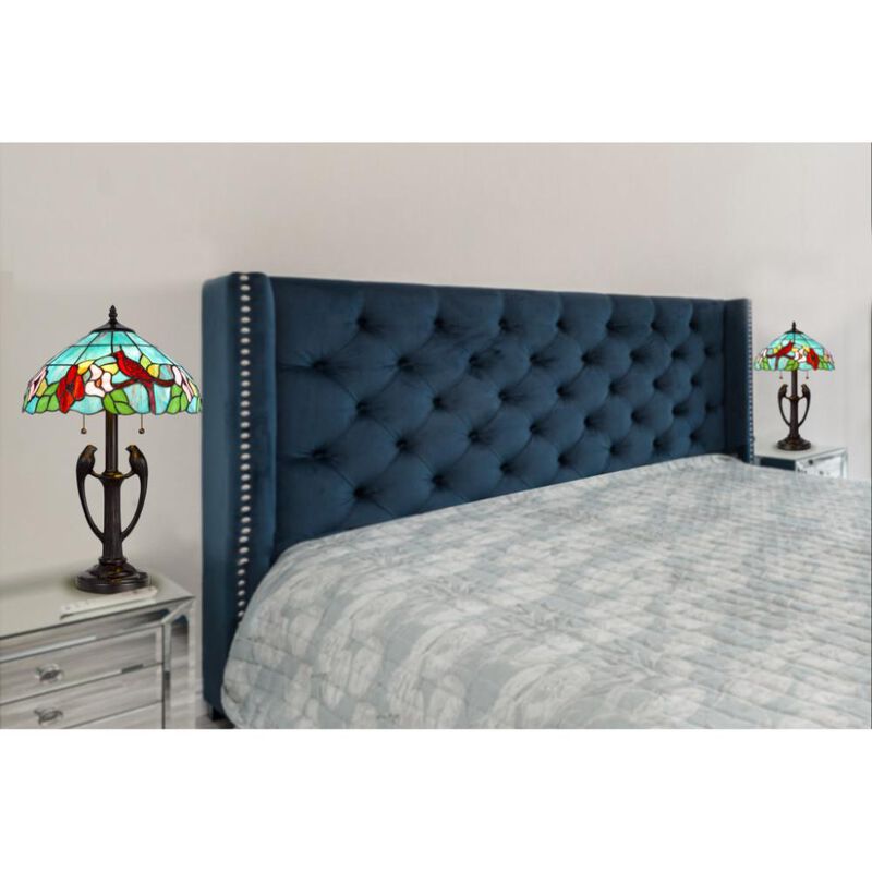 Hivvago 22" Bronze Two Light Tiffany Table Lamp With Aqua and Red Floral Shade