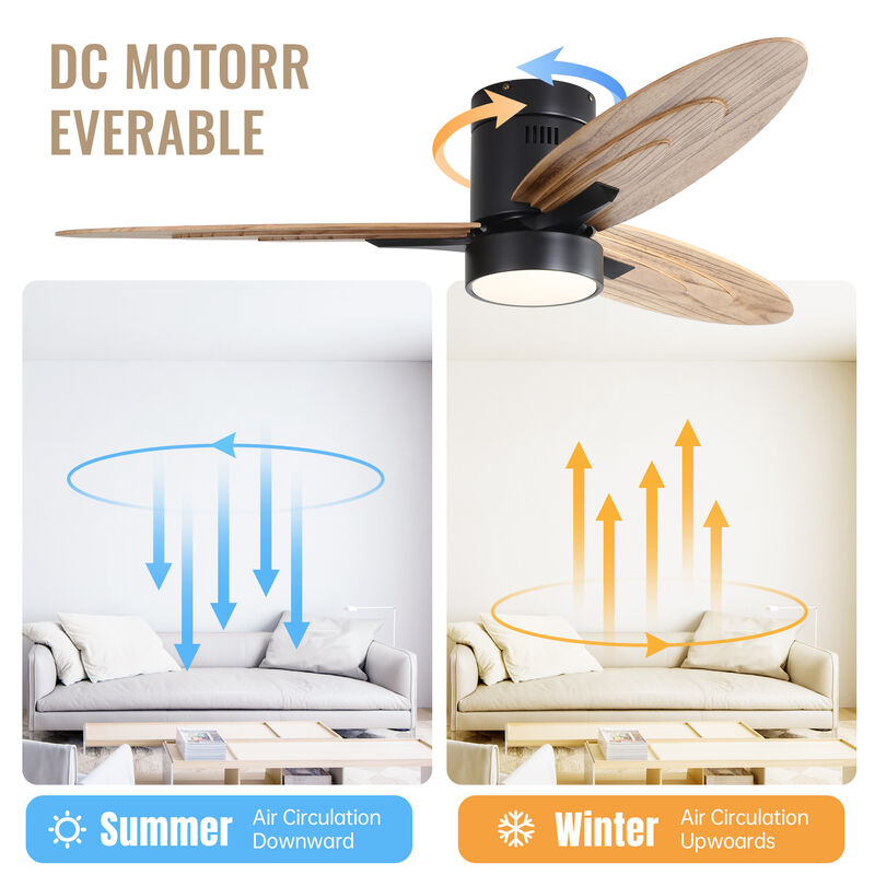 56" Modern Design Flush Mount Ceiling Fan with Light and Remote Control, 3 Solid Wood Blades image number 5