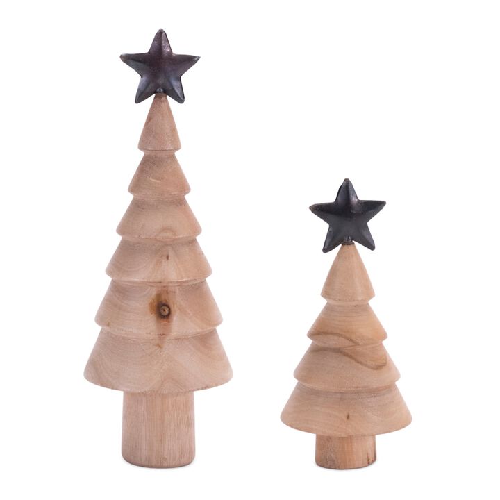 Set of 2 Rustic Natural Wood Trees with Metal Star – Tabletop Christmas Decorations for Entryway, Living Room, or Holiday Centerpieces