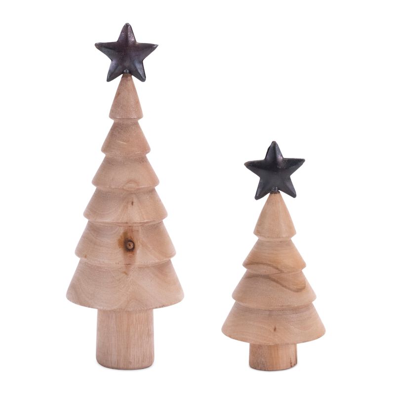 Set of 2 Rustic Natural Wood Trees with Metal Star – Tabletop Christmas Decorations for Entryway, Living Room, or Holiday Centerpieces