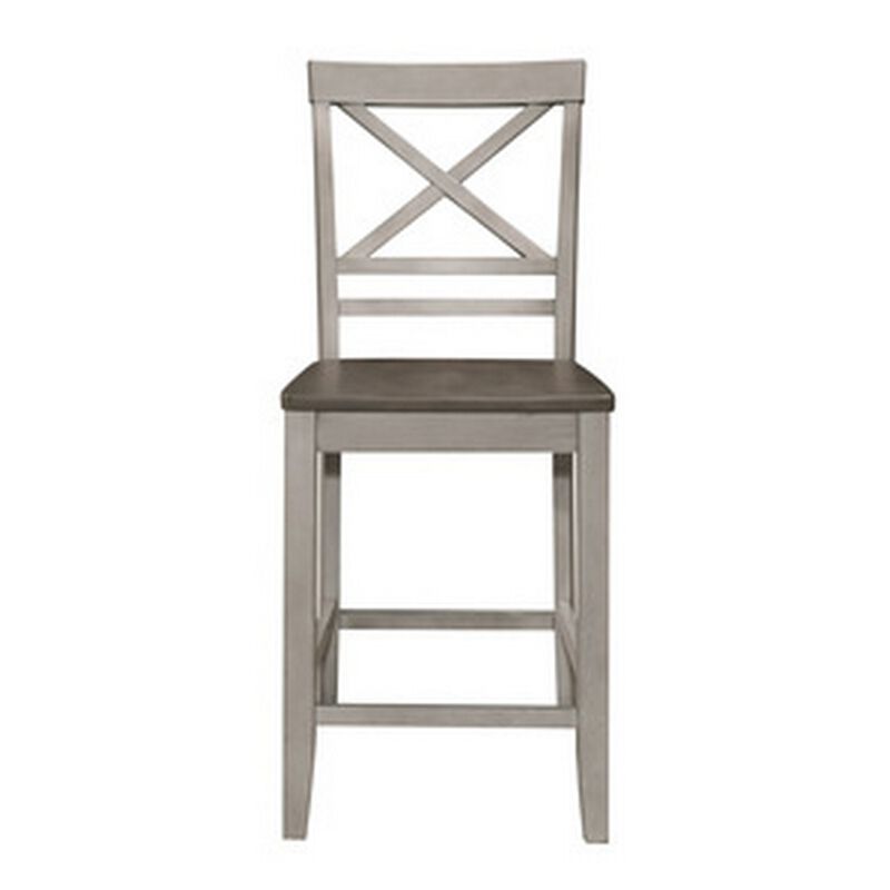 Brian 23 Inch Counter Chair, Crossbuck Backrest, Rustic Gray Wood, Brown-Benzara