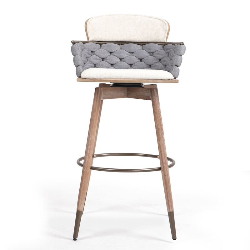 Glamour Home Bechor Beige and Gray Linen Fabric Bar Stool with Natural Wood Legs