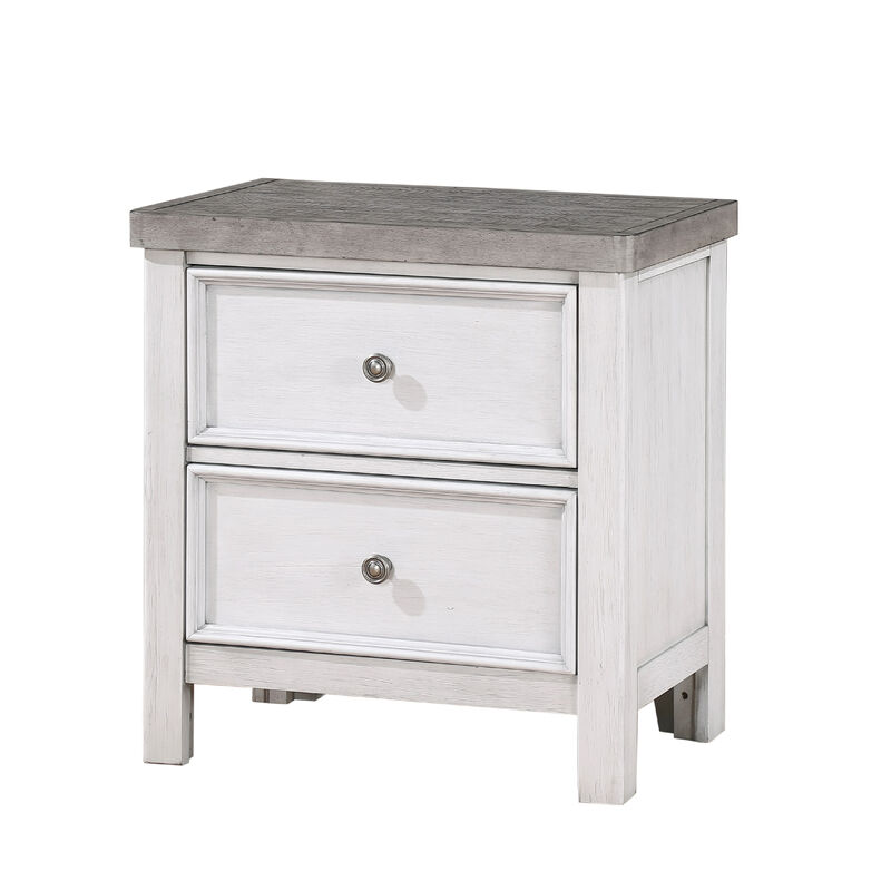 Amby Nightstand, 2 Drawers, Farmhouse Antique White, Gray Acacia Wood - Benzara