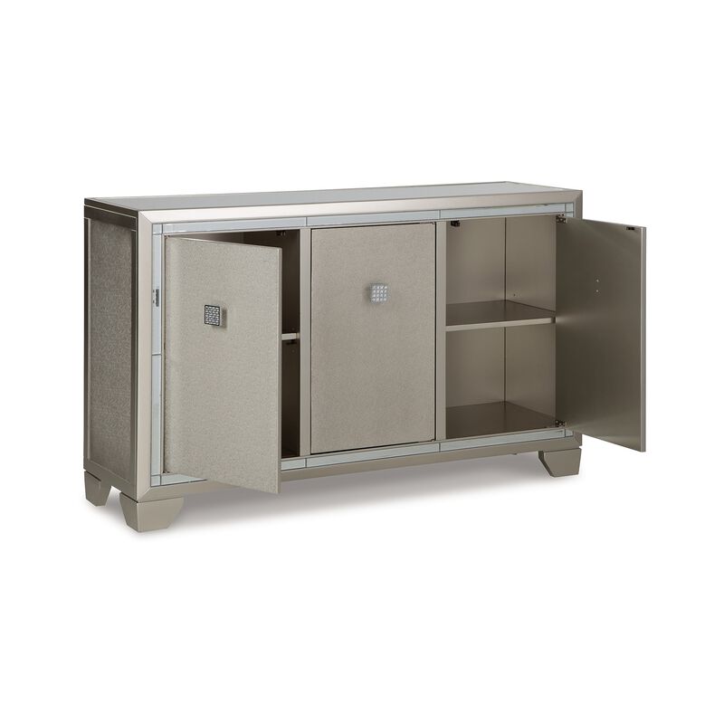 Sideboard Cabinet, Mirrored Top, 54 Inch, Adjustable Shelves, Silver  - Benzara