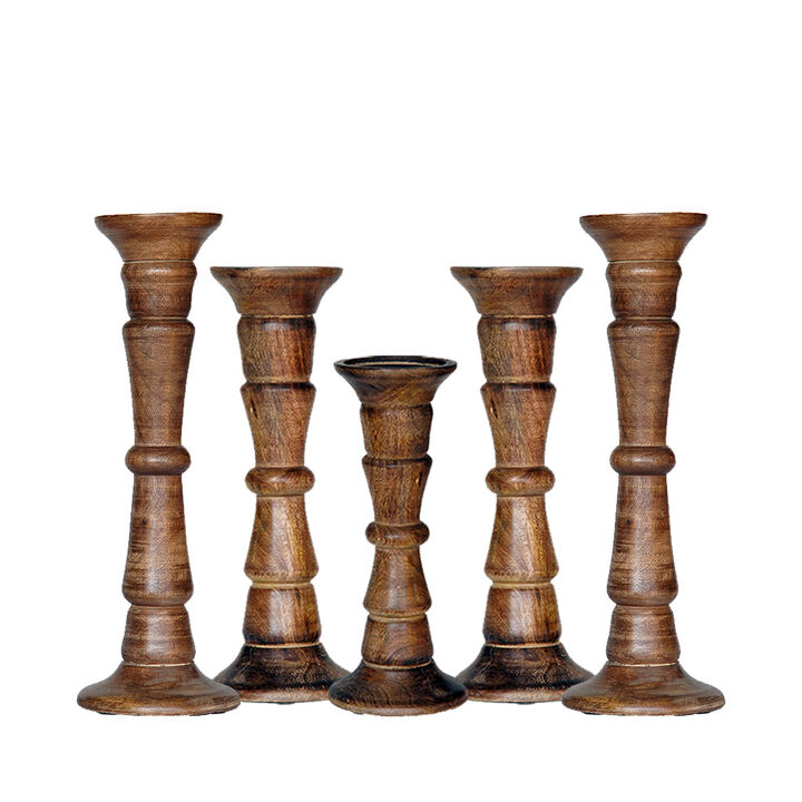 Traditional Medium Burnt Eco-friendly Handmade Mango Wood Set Of Five 15",12",9",12" & 15" Pillar Candle Holder BBH