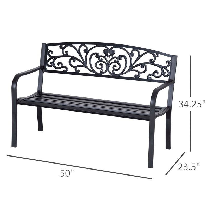 Ornate Outdoor Seating: 50" Black Metal Garden Bench with Floral Design