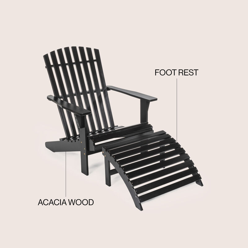 Saranac 2-Piece Traditional Rustic Acacia Wood Adirondack Chair with Detachable Ottoman