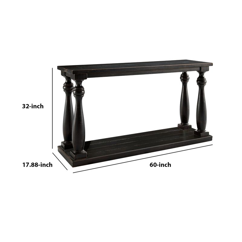 Wire Brush Wooden Frame Sofa Table with Turned Legs, Antique Black-Benzara