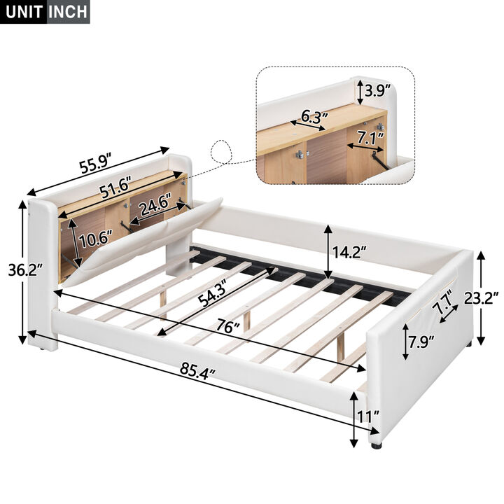 Full Size Upholstered Platform Bed with Guardrail, Storage Headboard and Footboard, Beige