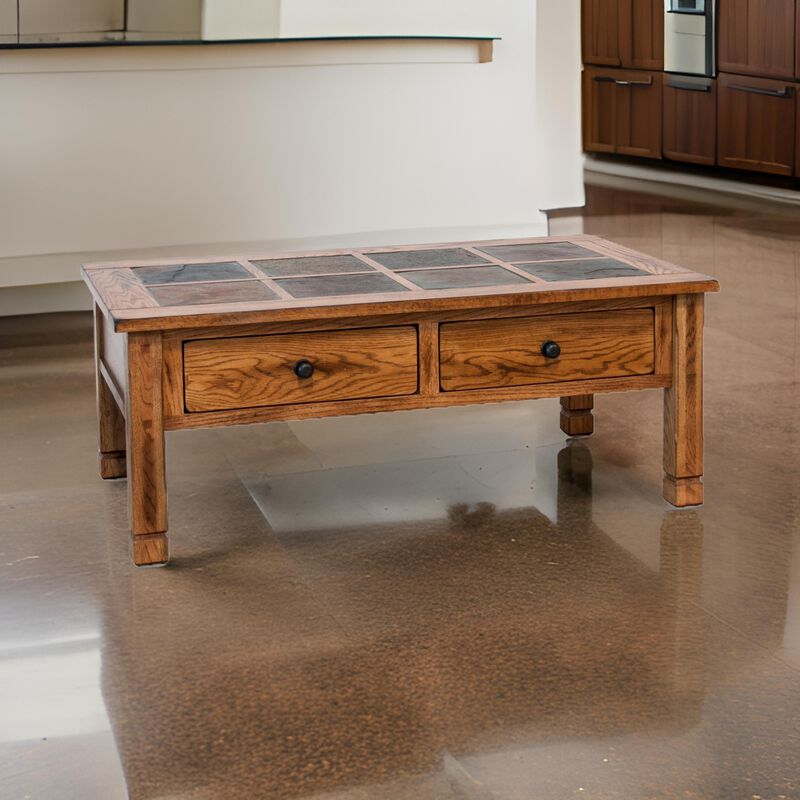 Marv Coffee Table, 2 Drawers, 49 Inch Rectangular w Brown Slate Inlay