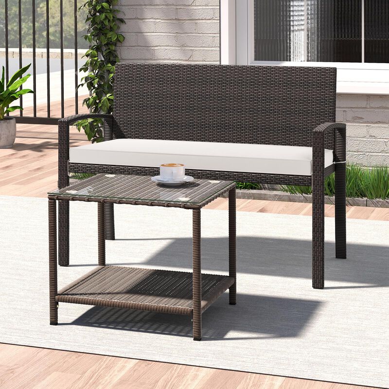 Wicker 2-Seat Bench with Soft Seat Cushion and Metal Frame
