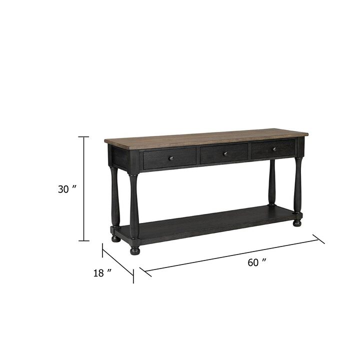 Ginie Sofa Table, 3 Drawers, Black Brown Solid Rubberwood, 60 Inch
