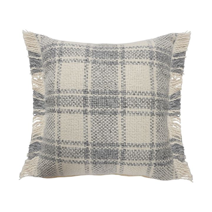20" Blue and White Plaid Cabin Square Throw Pillow with Fringe