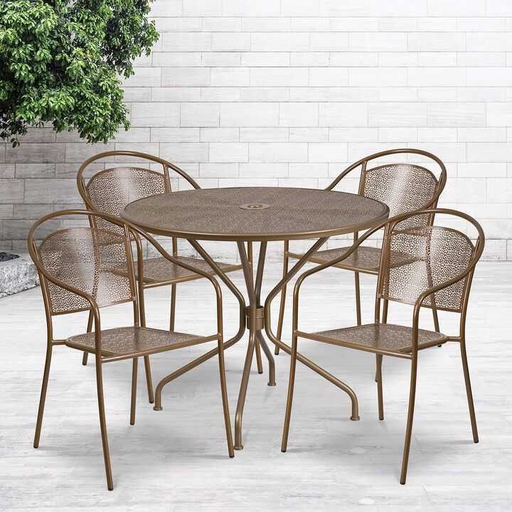 Flash Furniture Oia Commercial Grade 35.25" Round Gold Indoor-Outdoor Steel Patio Table Set with 4 Round Back Chairs