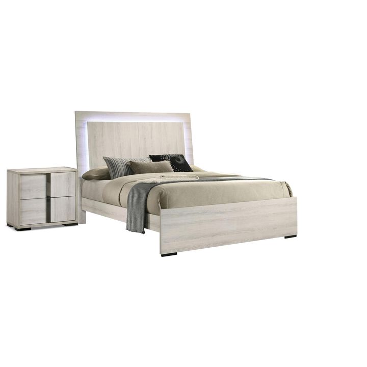 Queen Bedroom Set, White Wash, Chrome, 2 Piece Set with Nightstand