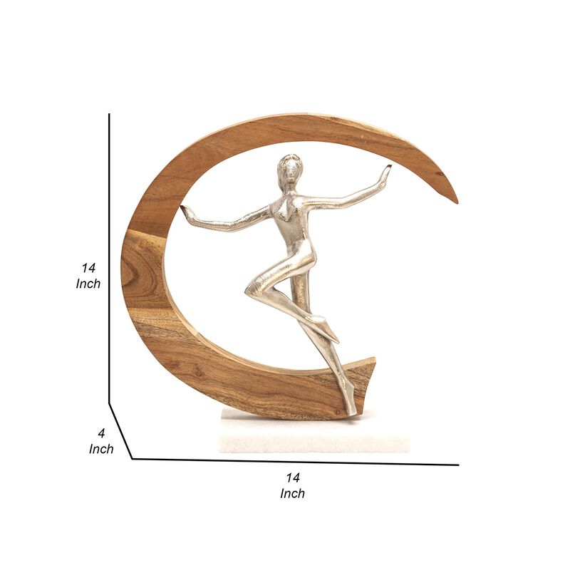 14 Inch Gymnast Sculpture, Natural Brown Half Moon Wood Frame, Silver Metal - Benzara