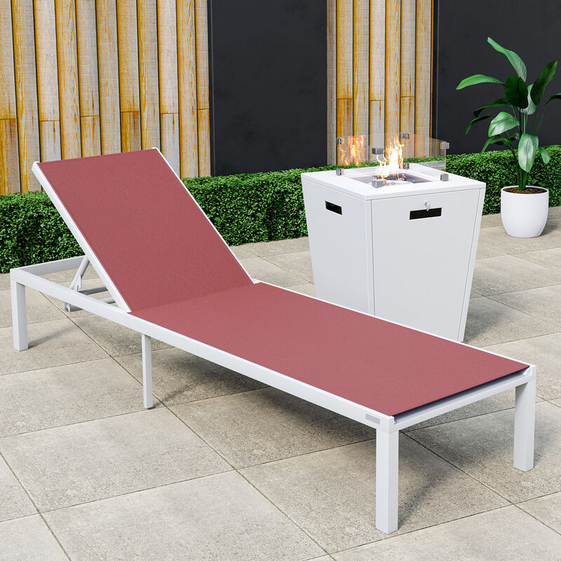 LeisureMod Marlin Modern Black Aluminum Outdoor Patio Chaise Lounge Chair in White Frame with Square Fire Pit Side Table