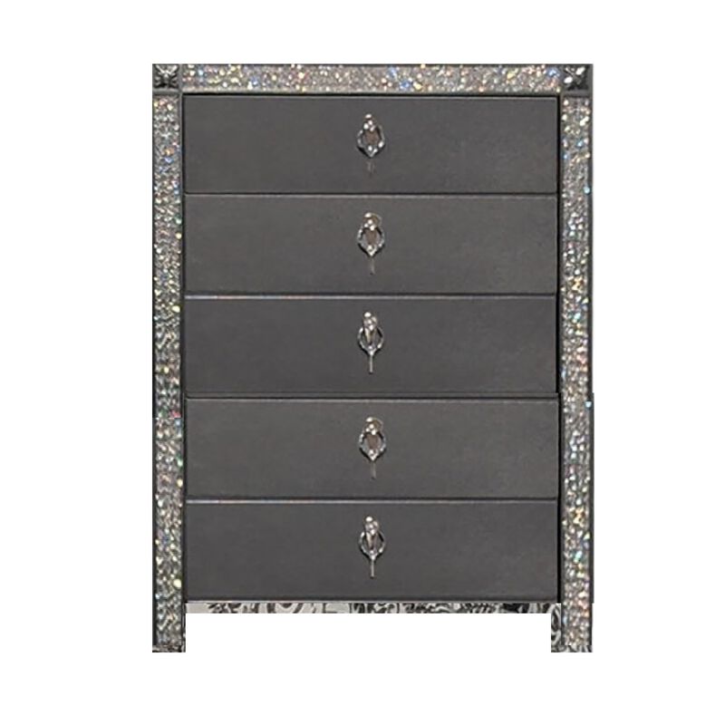 Laine Tall Dresser Chest, 5 Drawers, Crystal Trim, Gray Solid Wood