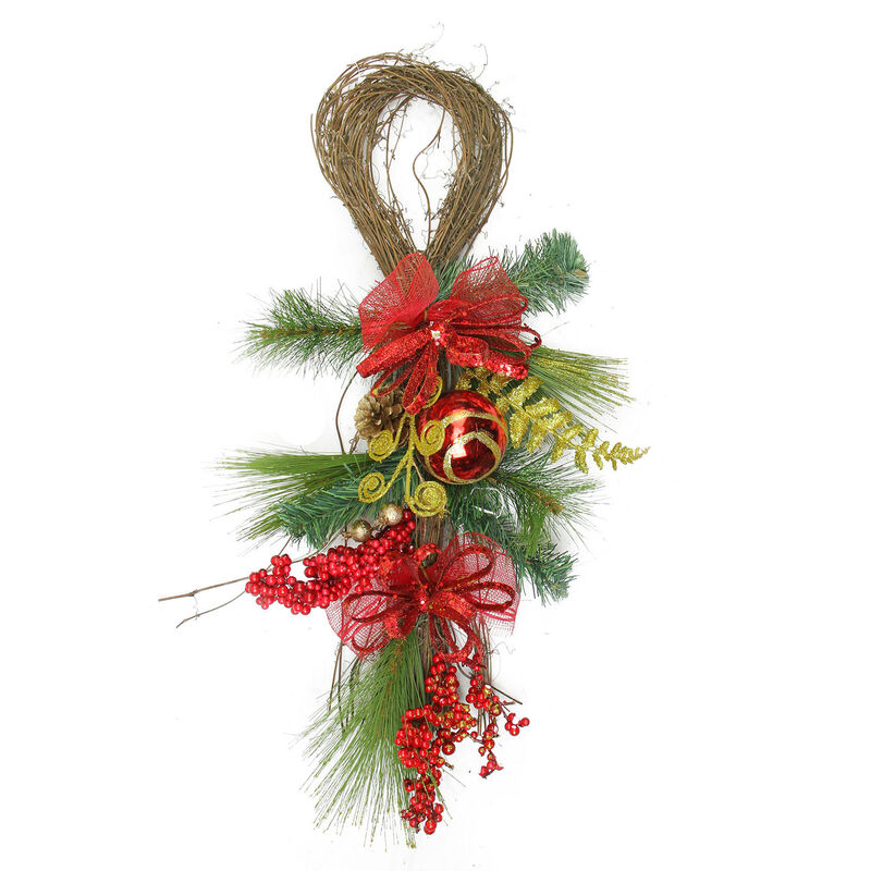26" Long Needle Pine and Berry Artificial Christmas Teardrop Swag  Unlit image number 0