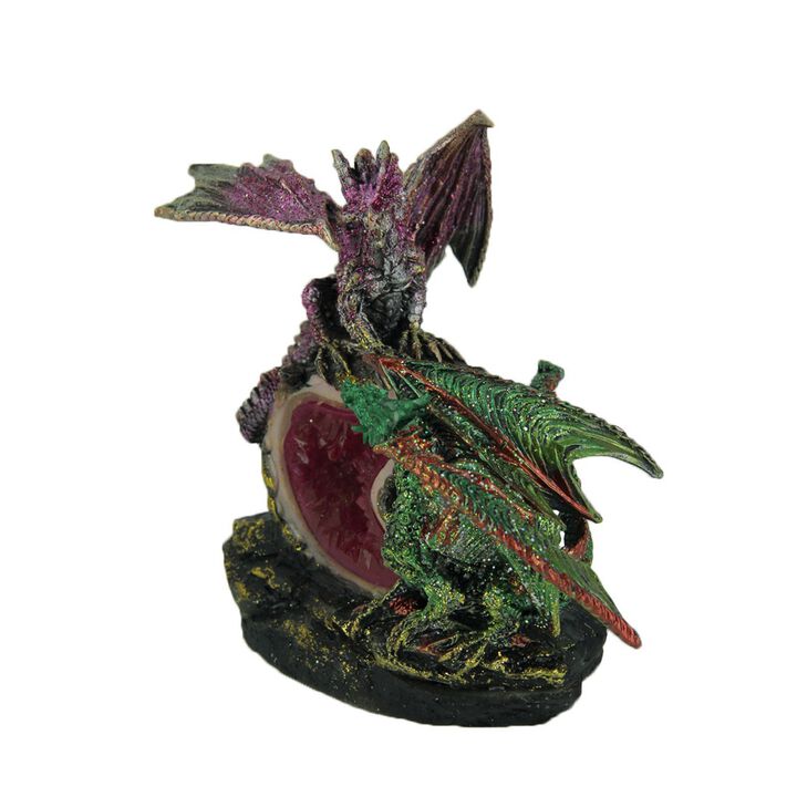 Purple And Green Battle Dragons Gothic Color Changing LED Geode Statue