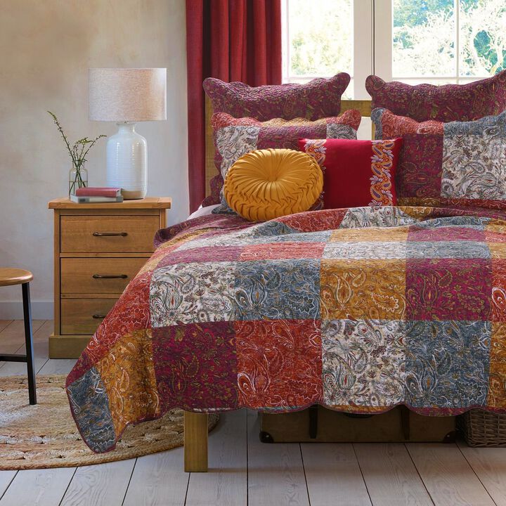 2 Piece Cotton Twin Size Quilt Set with Paisley Print, Multicolor-Benzara