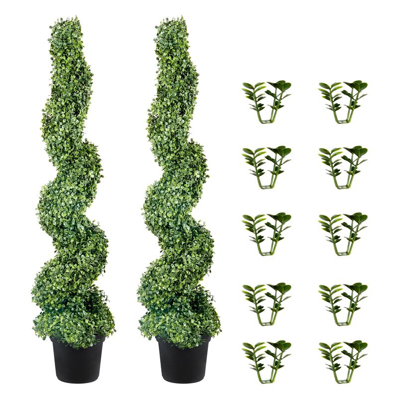 Set of 2 Artificial Spiral Boxwood Topiary Plants with 10 Spare Replacement Leaves-Green image number 0