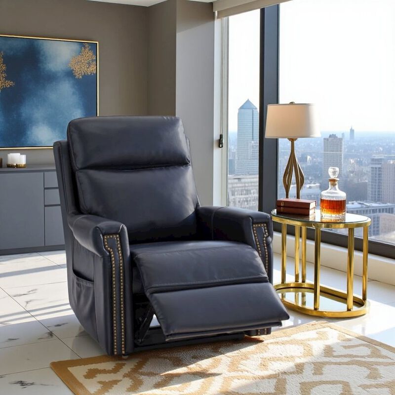 Blue Leather Recliner Chair with Lift, Heat, Power Headrest, and USB image number 1