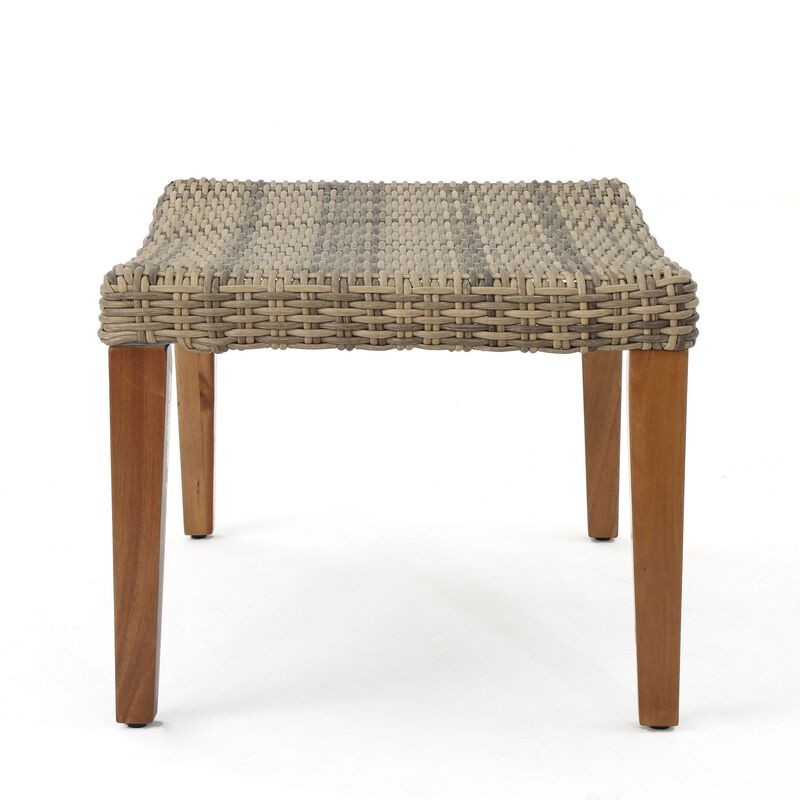 Bops Outdoor Ottoman, Gray Faux Rattan Wicker, Brown Acacia Wood - Benzara