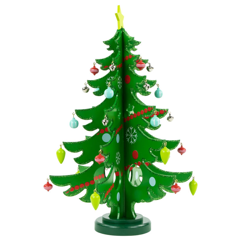 13.75" Green 3-D Wood Christmas Tree with Ornaments Decoration
