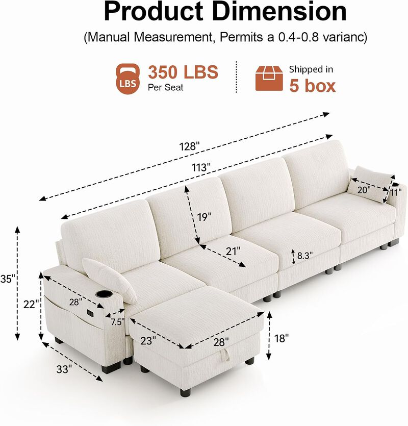 Vipbear 128 Inch Modular Sectional Sofa, Comfy Chenille 5 Seater L Shaped Cloud Couch with Ottoman image number 1