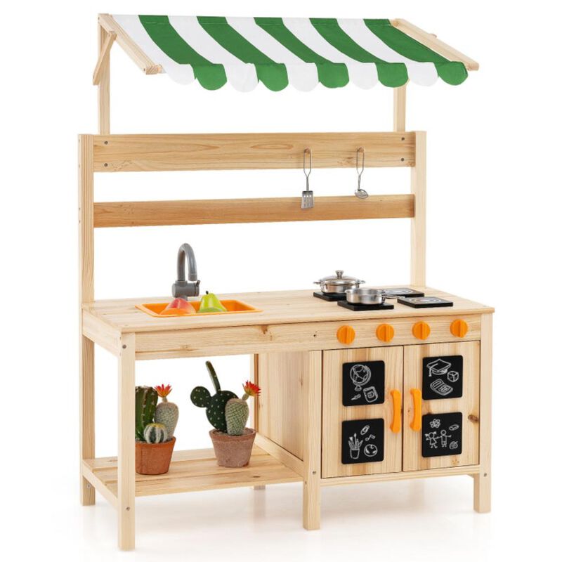 Hivvago Mud Kitchen Fir Wood Play Kitchen with Canopy and Sink and 4 Stoves