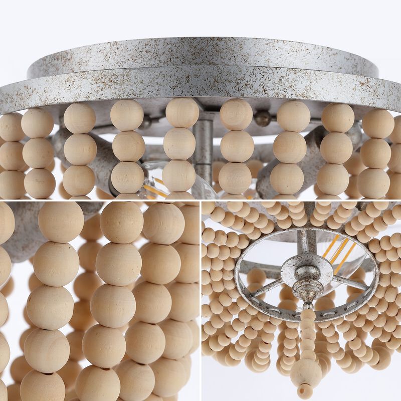 Allison 2-Light Shabby Chic Farmhouse Wood Beaded/Metal LED Flush Mount