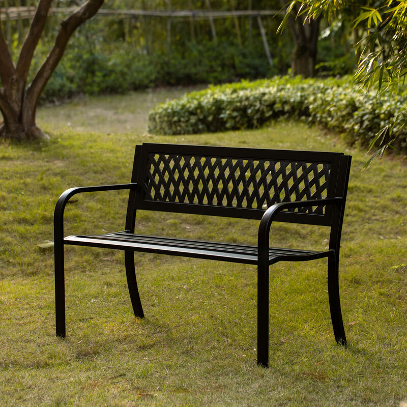 "Gardenised Outdoor Steel 47"" Park Bench for Yard, Patio, Garden and Deck, Black Weather Resistant Porch Bench, Park Seating"