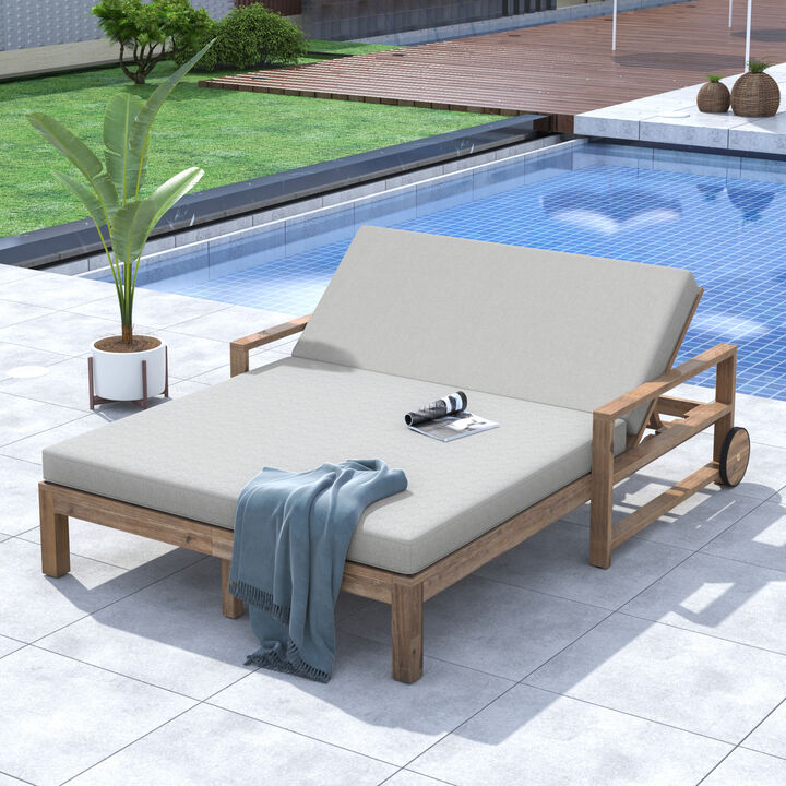 Merax Outdoor Solid Acacia Wood Adjustable Daybed with Movable Wheels & Detachable Weatherproof Cushions