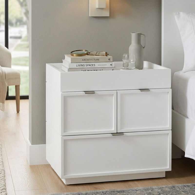 Sena Nightstand with Tray Top, 2 Soft Close Drawers, Glam White image number 8
