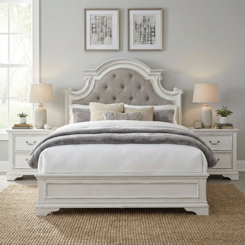 Liberty Furniture Antique White Upholstered Panel Headboard with Chenille Fabric and Solid Wood image number 2