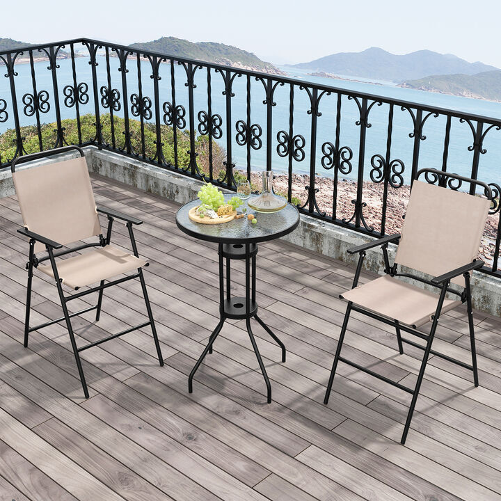 3 Pieces Outdoor Bistro Set with 2 Folding Chairs-Beige