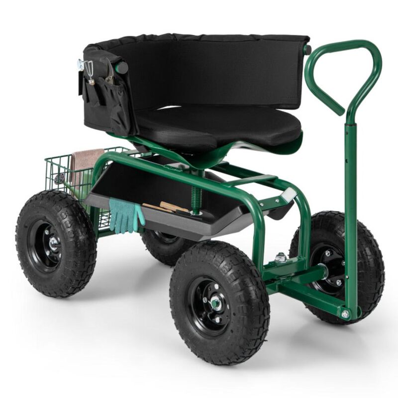 Hivvago Cushioned Rolling Garden Cart Scooter with Storage Basket and Tool Pouch