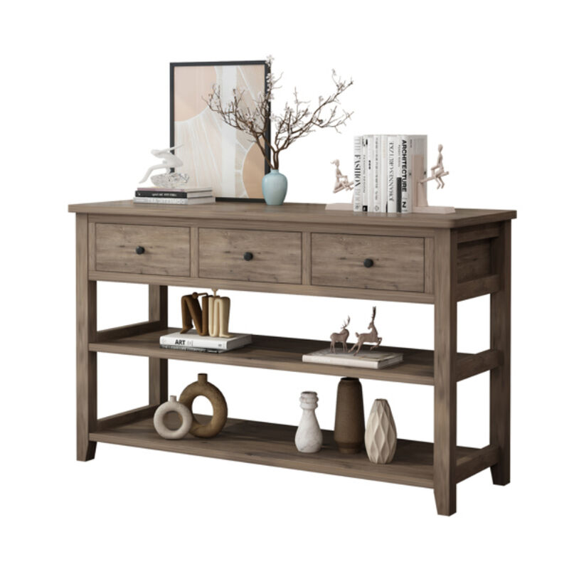 Entryway Console Table with Wood Frame, 3 Drawers, and 2 Open Shelves for Storage