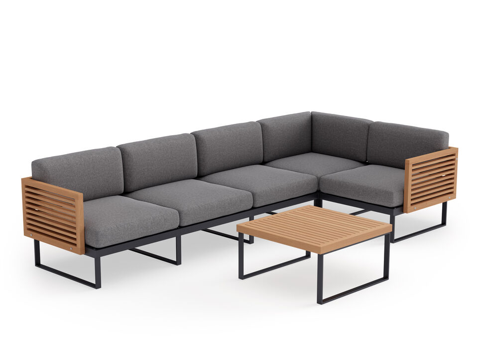 Monterey 5 Seater Sectional with Coffee Table - Aluminum and Teak