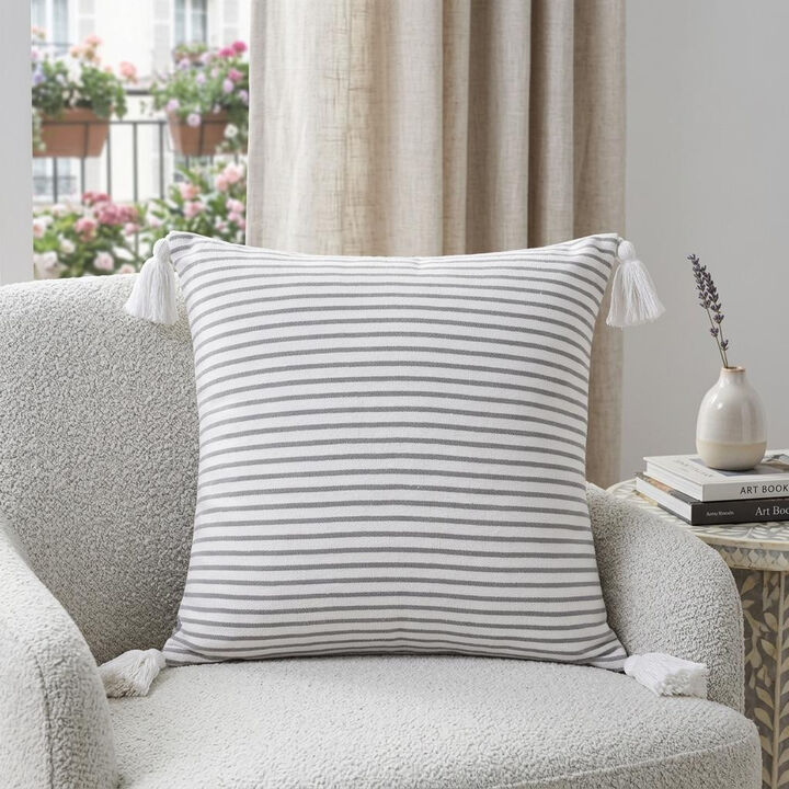 HomeRoots 20" Gray And White Striped Cotton Throw Pillow Cover with Tassels