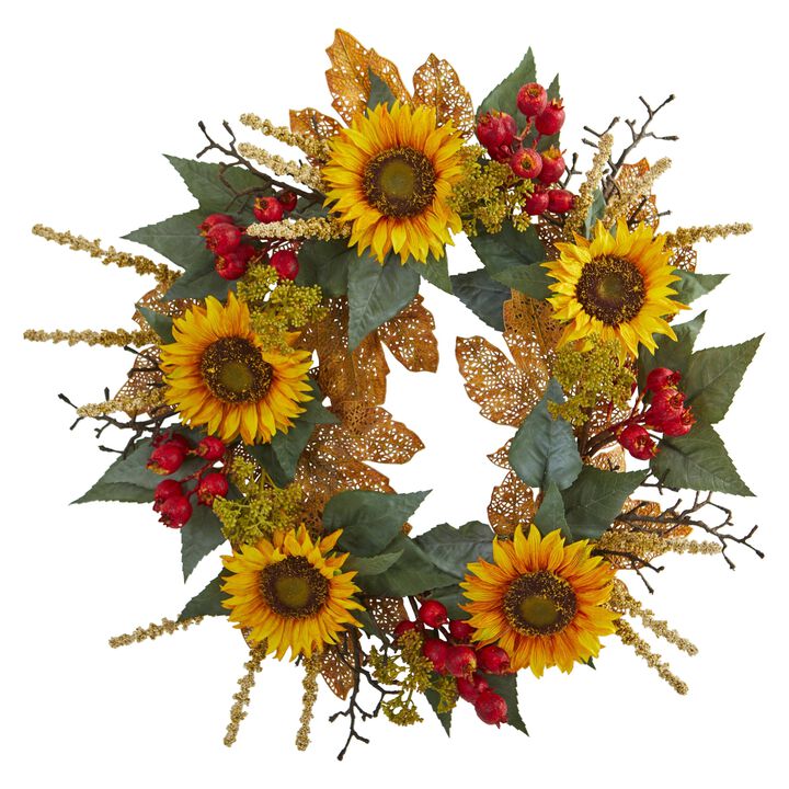 Nearly Natural 27-in Sunflower and Berry Artificial Wreath